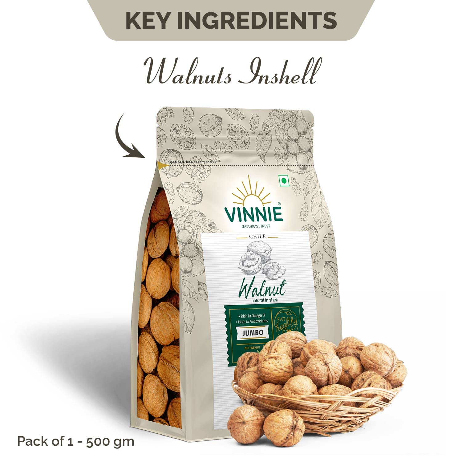 Vinnie Walnut Shell - 500g | Premium Chilean Select Akhrot | Fresh & Crunchy Walnuts Inshell|Natural Raw Whole Dry Fruits Nuts|High In Protein & Anti-Oxidants|Brain Food|Healthy Snack Gift - Image 4