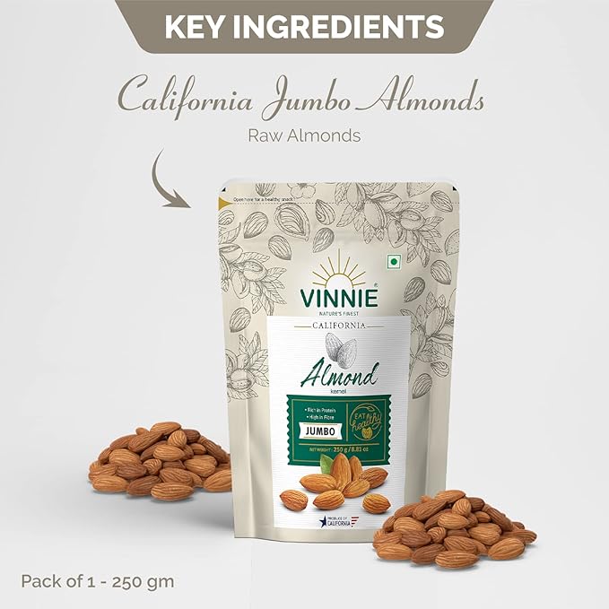 Vinnie California Almond Kernels Jumbo - 250g | Premium Badam Giri | High in Fiber | Real Nuts | Whole Natural Badam | Rich in Protein | Magnesium | Phosphorus | Dietary Fibre |Vinnie Nuts & Dry Fruits - Image 4